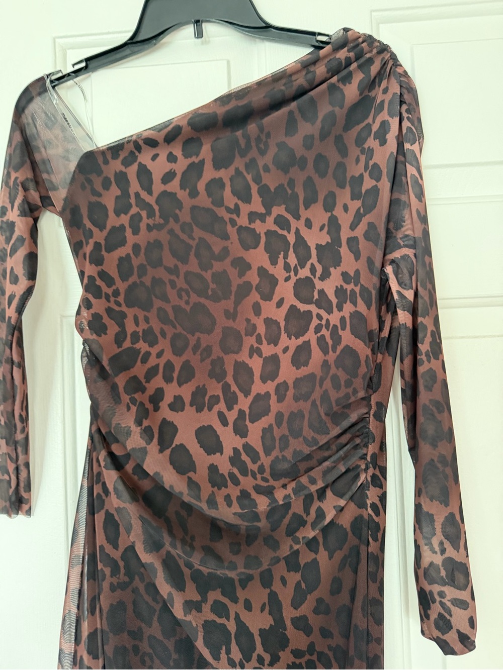 Asymmetric One-Shoulder Leopard Print Mesh Dress - Brown/Black